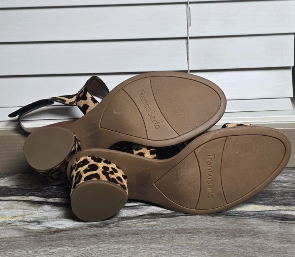 Franco Sarto L-Barda Leopard Calf Hair Block Heel Sandals Women’s 8M Leather - Picture 6 of 10